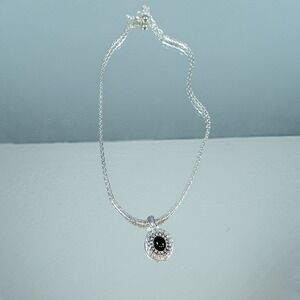 Black‎ Stone Pendant Necklace Silver Tone Chain Double Strand Jewelry